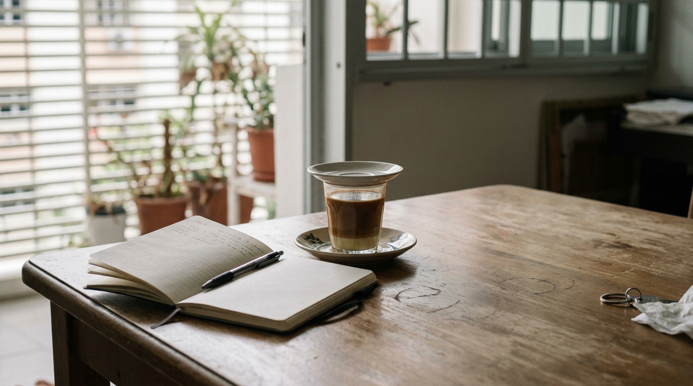 An open notebook with a pen and a glass of kopi on a wooden table in flat morning light