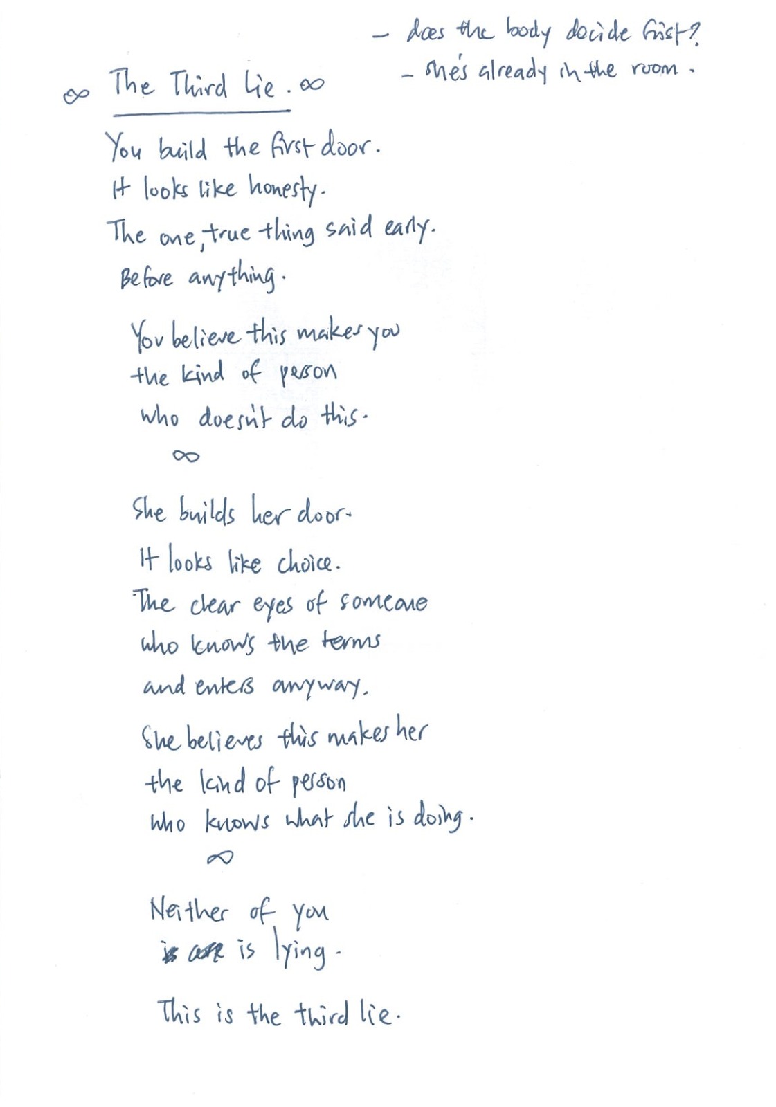 Handwritten page, 'The Third Lie' — You build the first door. It looks like honesty. The one true thing said early, before anything. You believe this makes you the kind of person who doesn't do this. She builds her door. It looks like choice. The clear eyes of someone who knows the terms and enters anyway. She believes this makes her the kind of person who knows what she is doing. Neither of you is lying. This is the third lie.
