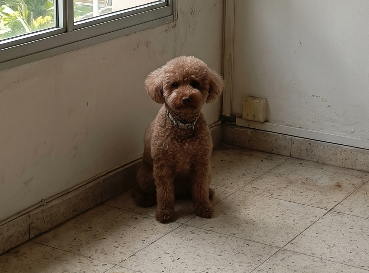 An old dog sitting in the corner of an empty room beside a window, looking straight into the camera